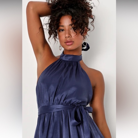 NWT Lulus Effortless Grace Navy Blue Organza Halter Midi Dress size L - Picture 4 of 4